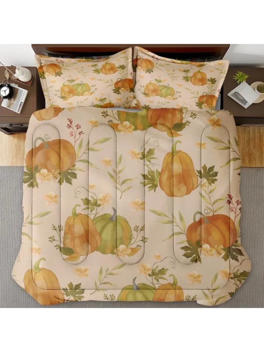 Cozy King Comforter Set of 3 - Fall Pumpkin Bedroom Decor, Autumn Vibes